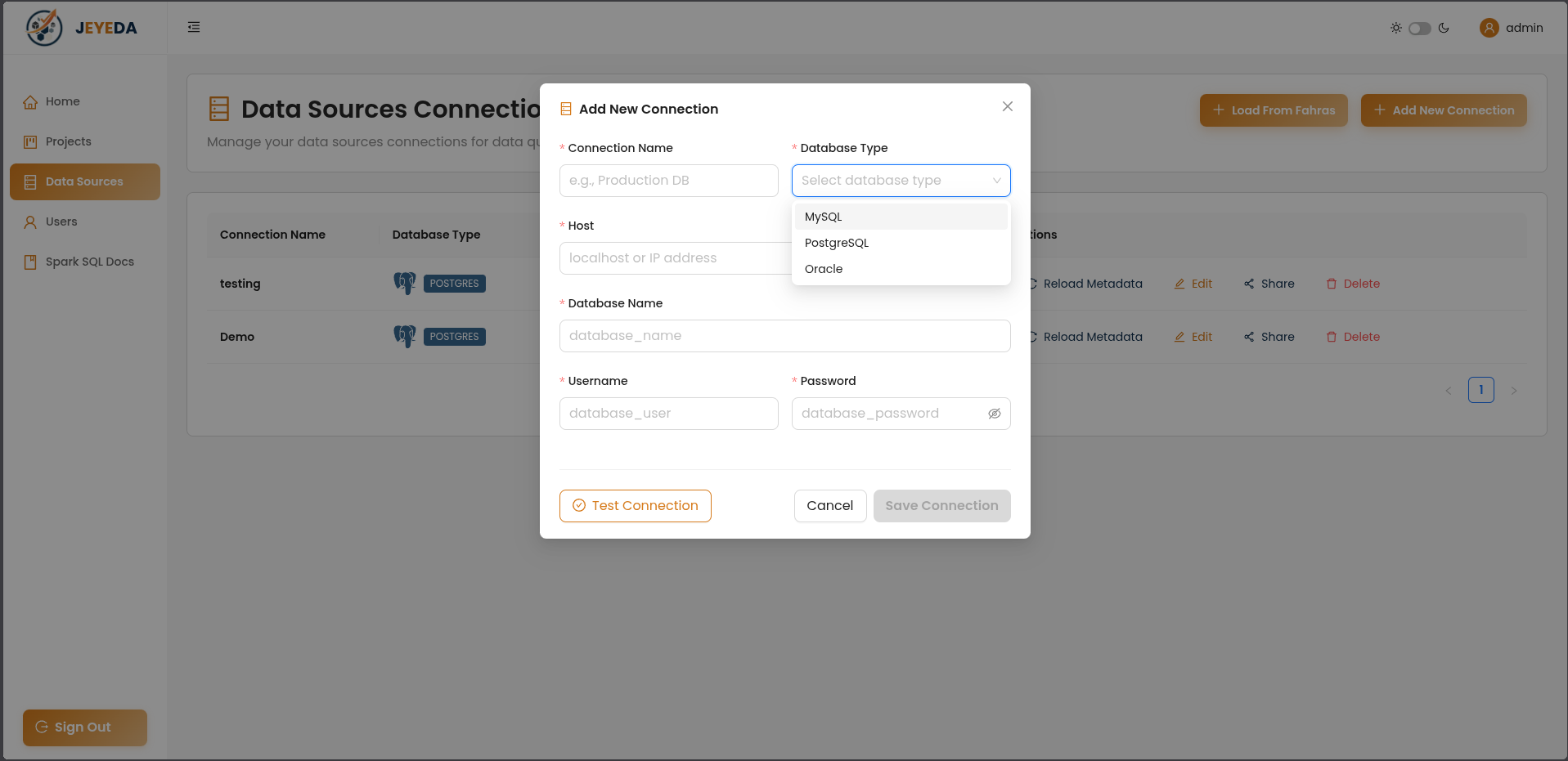 Adding a data-source connection in Jeyeda
