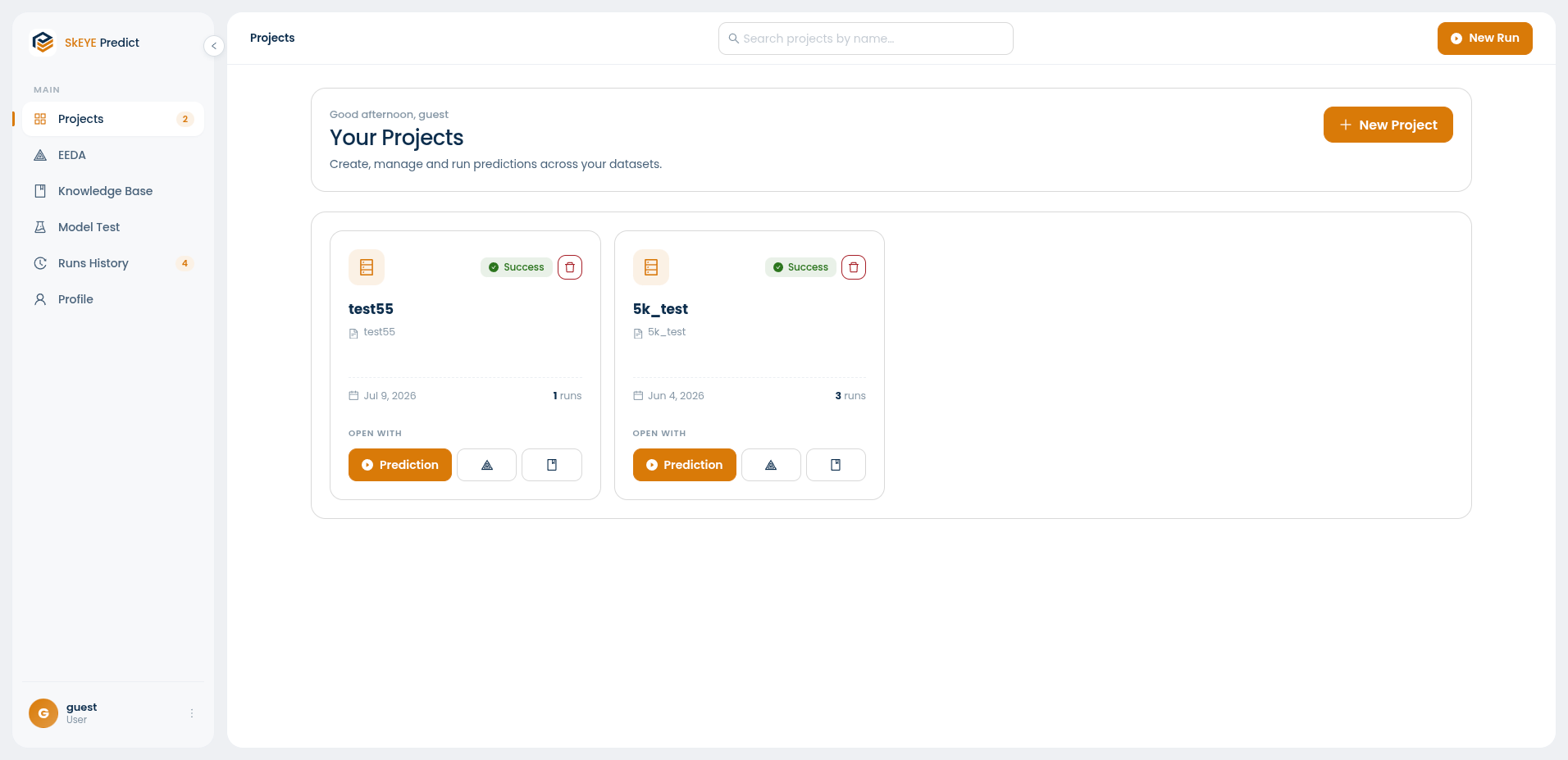 Your projects in Skeye Predict